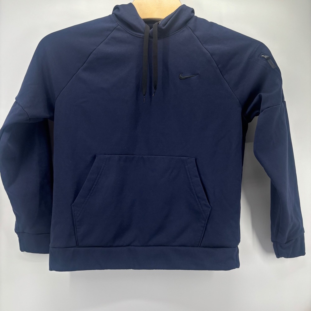 Nike Hoodie Men Large Navy Blue Therma-FIT Fleece Pullover Sleeve Pocket Active